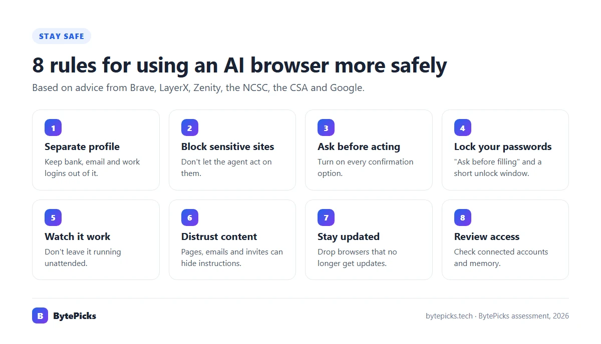 Checklist of eight rules for using an AI browser more safely