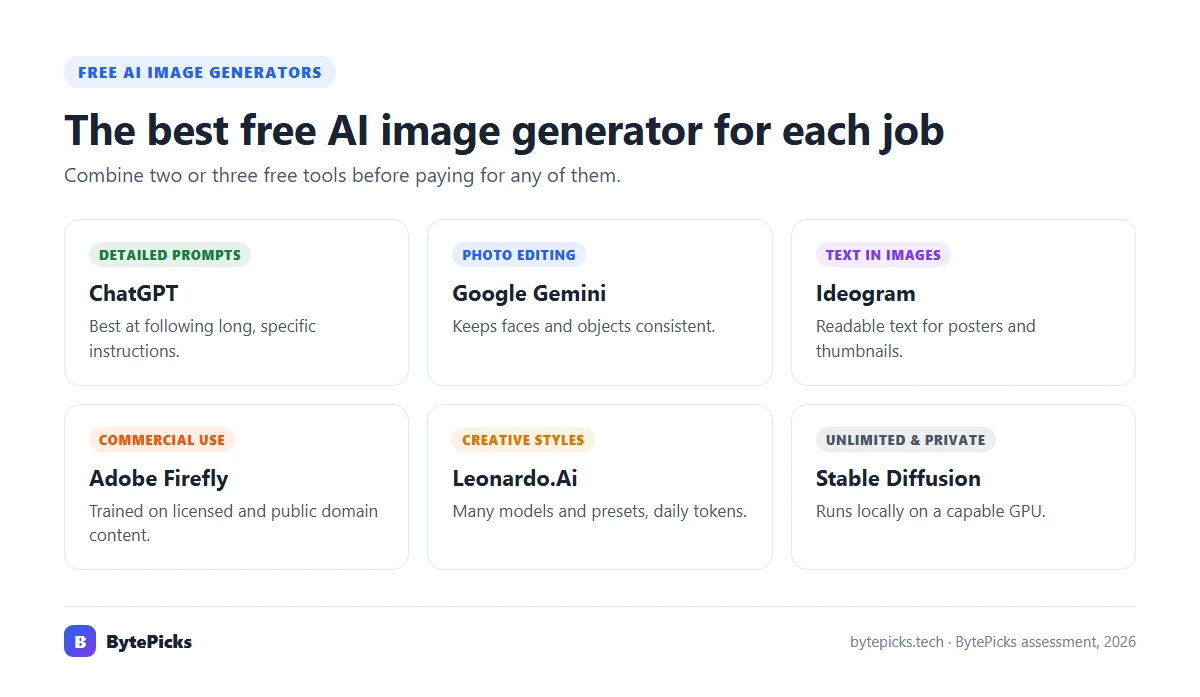 Best free AI image generator for prompts, photo editing, text, commercial use, styles and local use