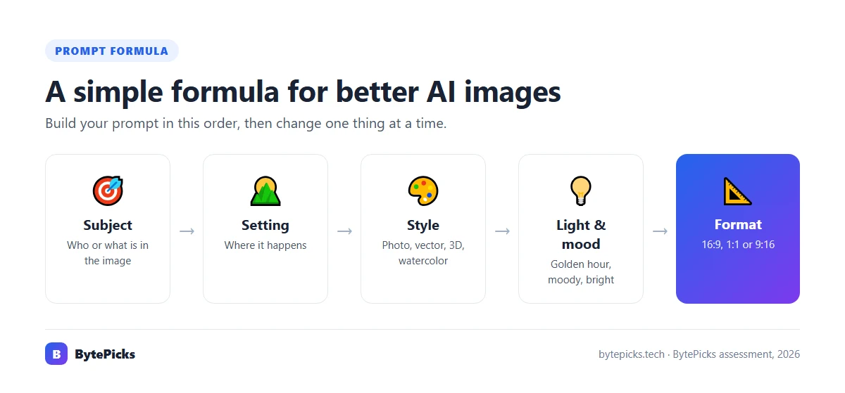 AI image prompt formula: subject, setting, style, light and mood, format