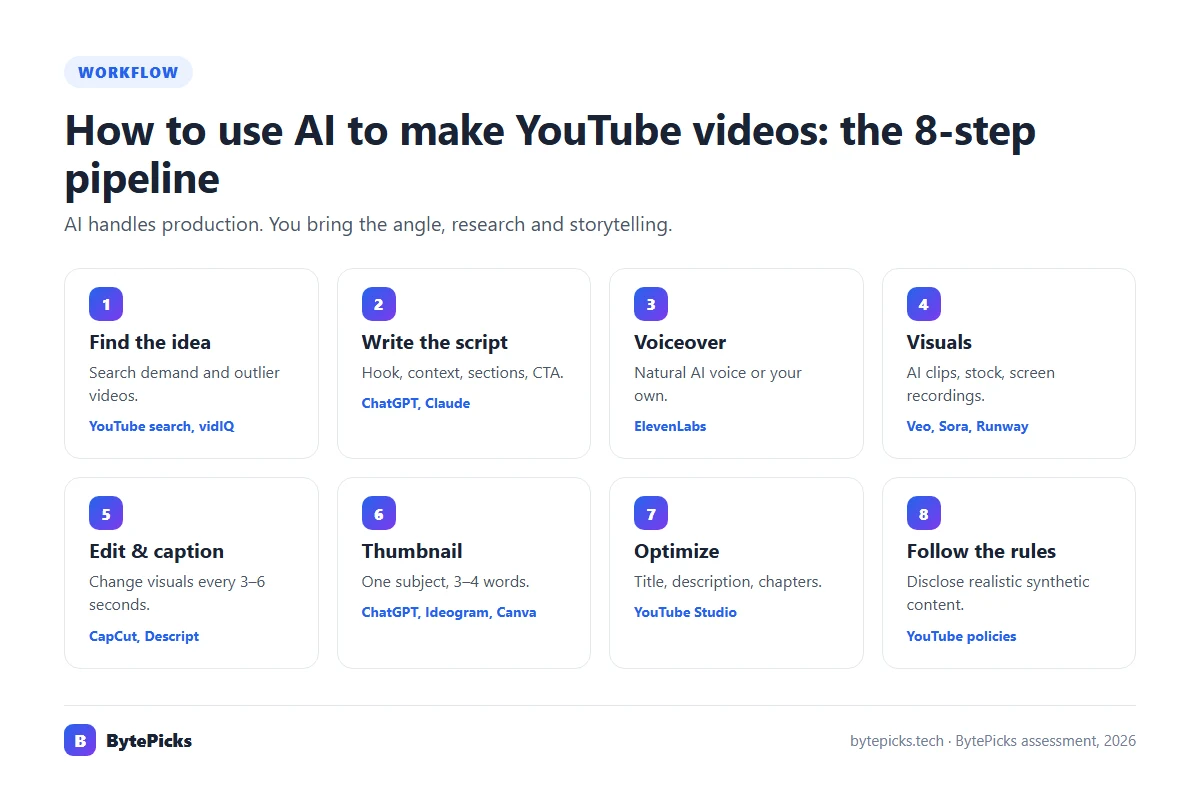 Eight-step pipeline for making YouTube videos with AI tools