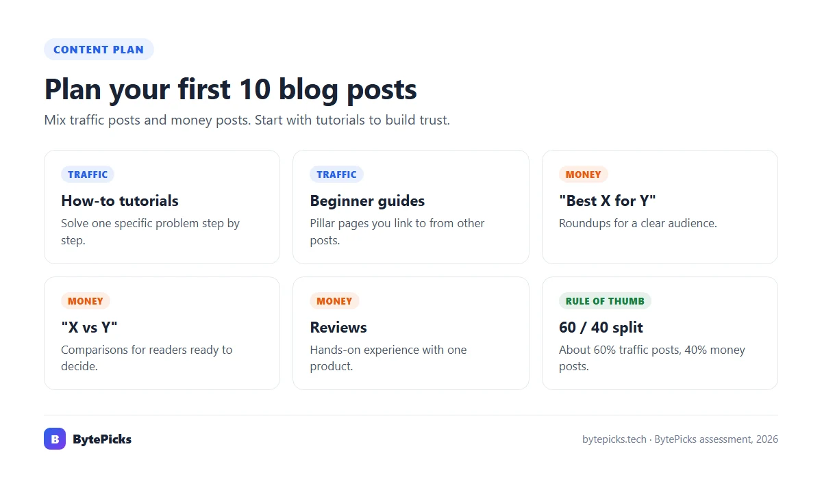 Content plan mixing tutorials, beginner guides, roundups, comparisons and reviews