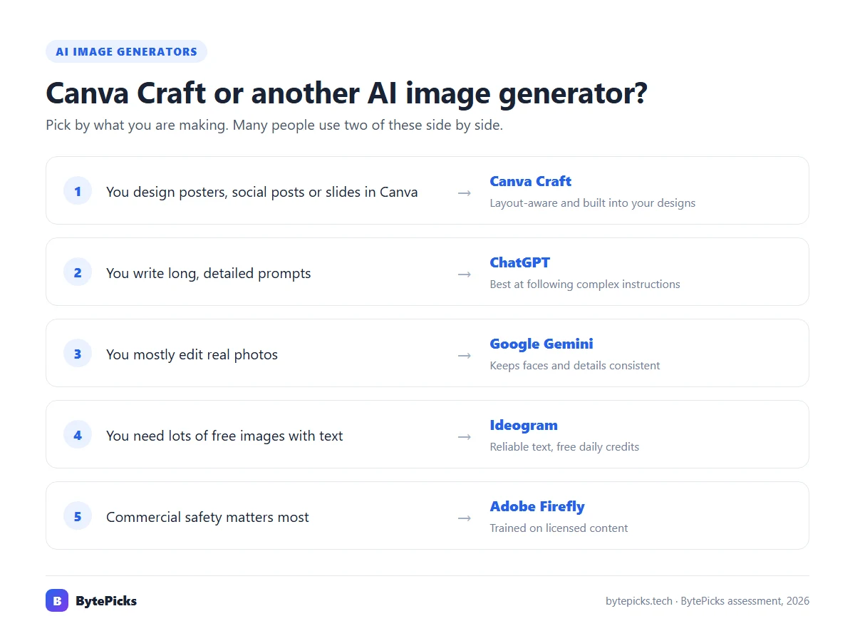 Which AI image generator to use: Canva Craft for designs in Canva, ChatGPT for detailed prompts, Gemini for photo edits, Ideogram for text, Firefly for commercial work