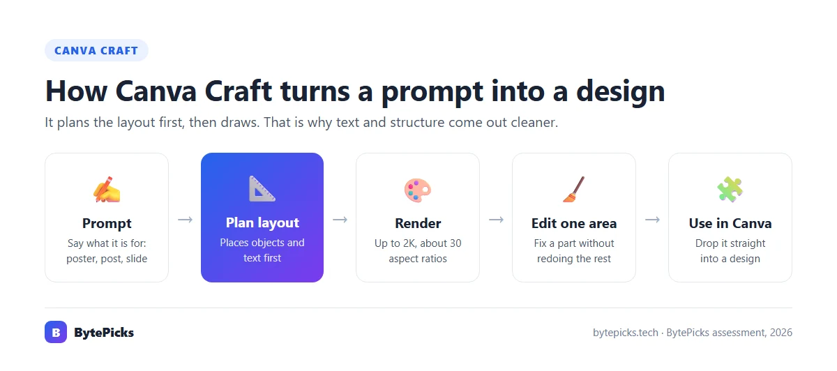How Canva Craft works: prompt, layout plan, render up to 2K, edit one area, add to a Canva design