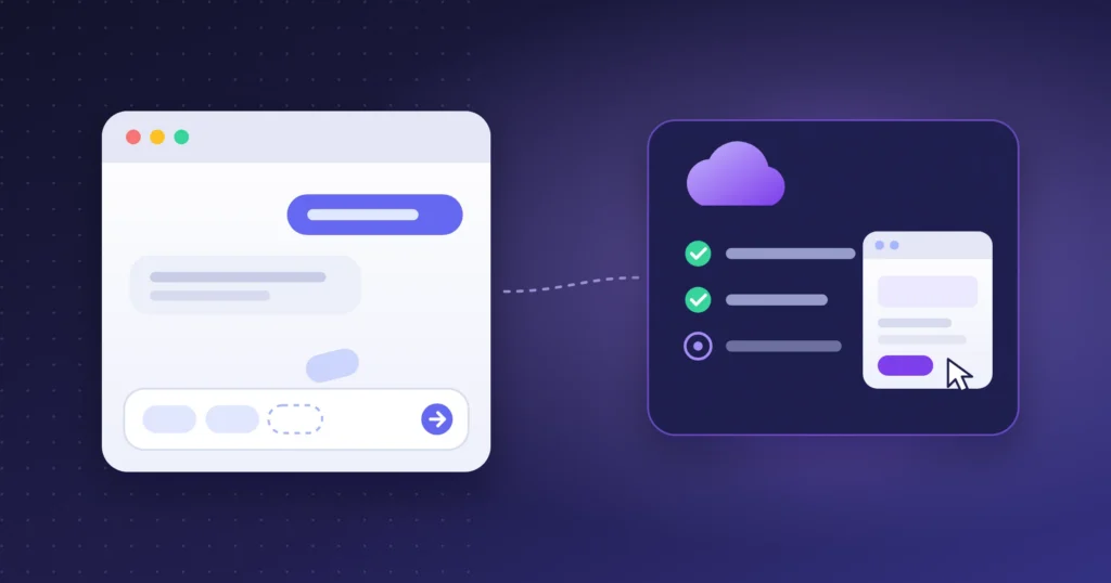 Illustration of a chat window with an empty dashed tool slot, linked to a cloud panel with a checklist and a small browser window