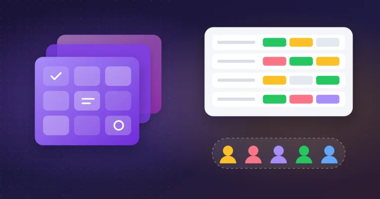 Illustration of stacked violet feature panels facing a board with coloured status pills and a group of five people icons