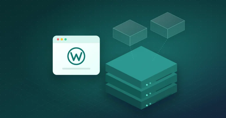 Illustration of a teal server stack with two transparent virtual machine blocks above it and a website window marked with a W