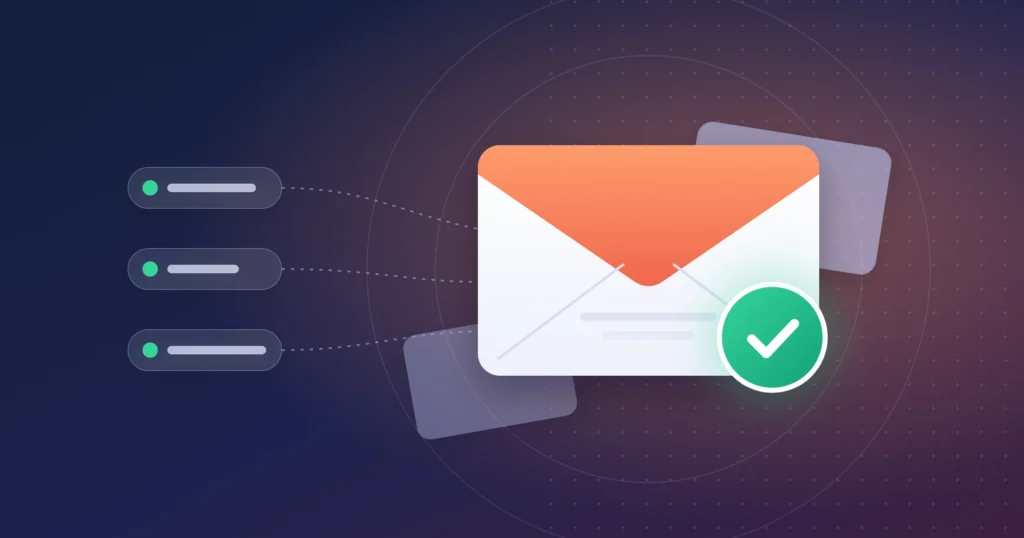 Hostinger Reach review illustration: an email envelope with a green verification check mark, connected by dotted lines to three DNS record cards
