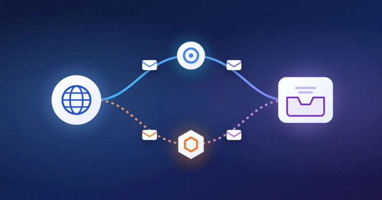 Illustration of email travelling from a globe icon to an inbox along two separate routes, one through a round relay node and one through a hexagonal relay node