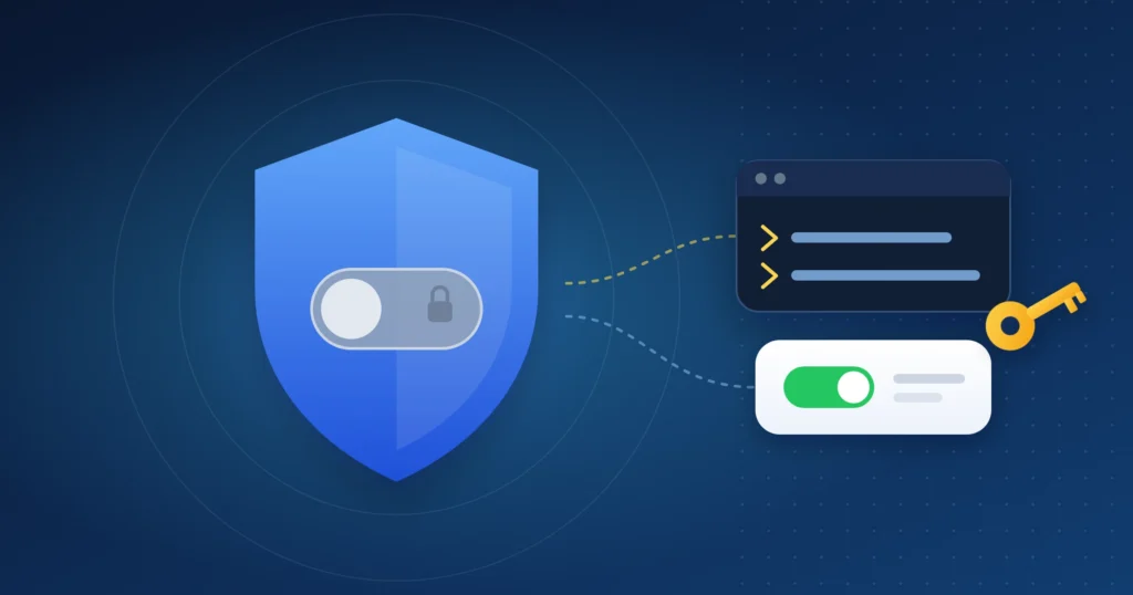 Illustration of a blue security shield with a greyed-out locked toggle, linked to a command window and a green switched-on toggle
