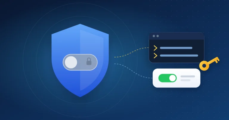 Illustration of a blue security shield with a greyed-out locked toggle, linked to a command window and a green switched-on toggle