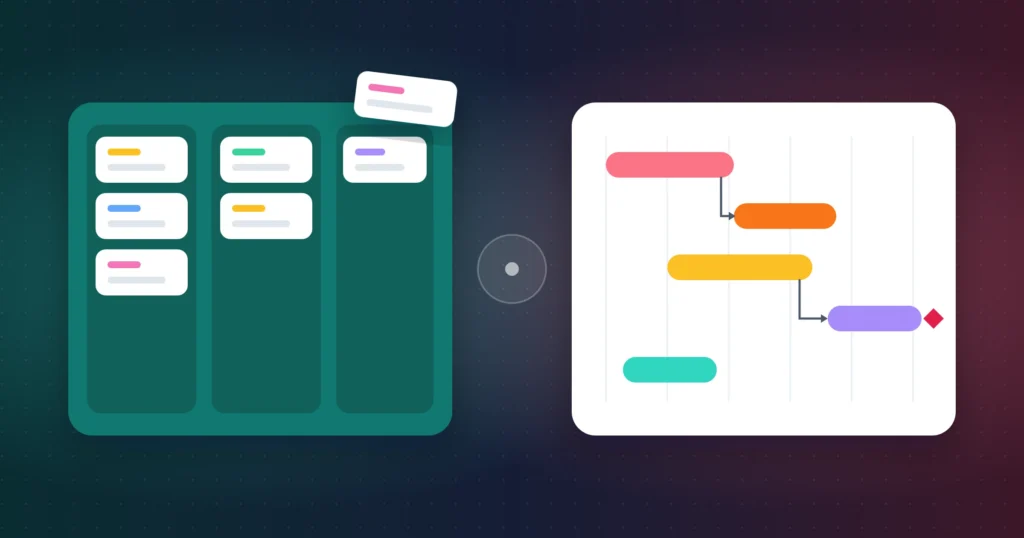 Illustration of a teal Kanban board with cards facing a white timeline chart with coloured bars and dependency arrows
